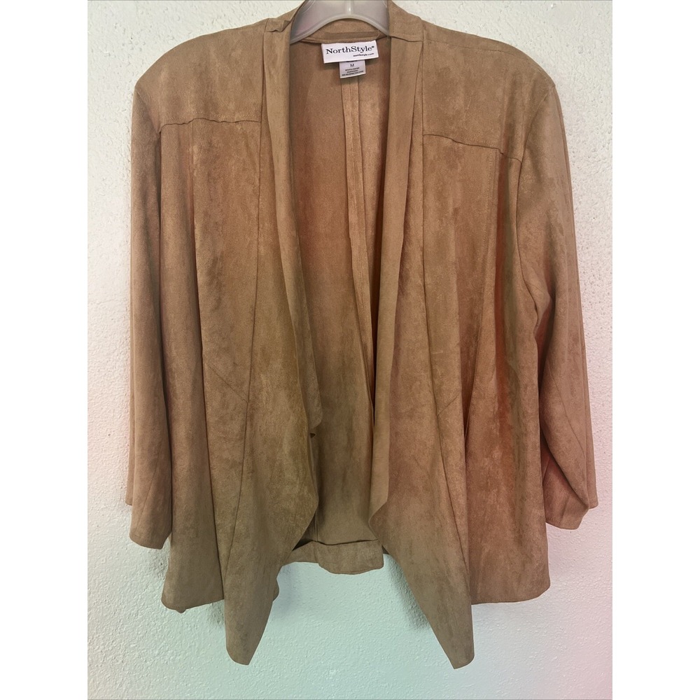 North Style Women Camel Faux Suede Draped Open Front Cardigan Jacket Size M
